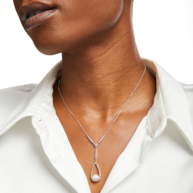 Main Image 2 of 8.0mm Freshwater Cultured Pearl and White Lab-Created Sapphire Teardrop "Y" Necklace in Sterling Silver