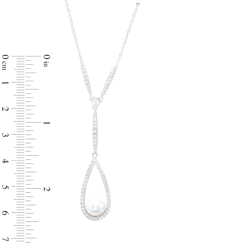 Main Image 3 of 8.0mm Freshwater Cultured Pearl and White Lab-Created Sapphire Teardrop "Y" Necklace in Sterling Silver