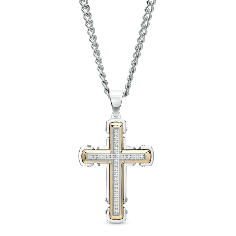 Main Image 1 of Men's 1/4 CT. T.W. Diamond Gothic Cross Pendant in Stainless Steel with Yellow Ion Plate – 24"