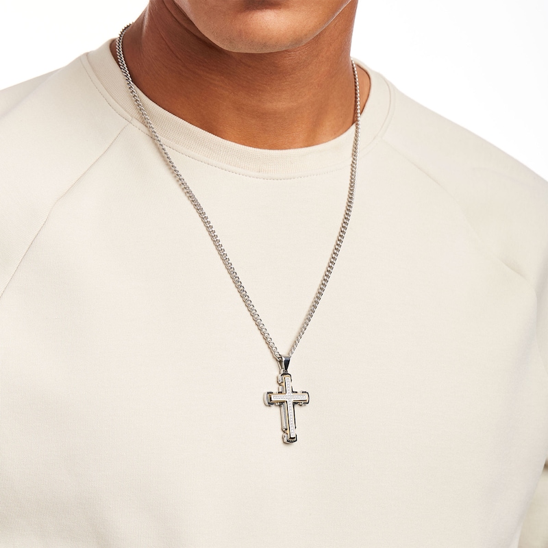 Main Image 2 of Men's 1/4 CT. T.W. Diamond Gothic Cross Pendant in Stainless Steel with Yellow Ion Plate – 24"