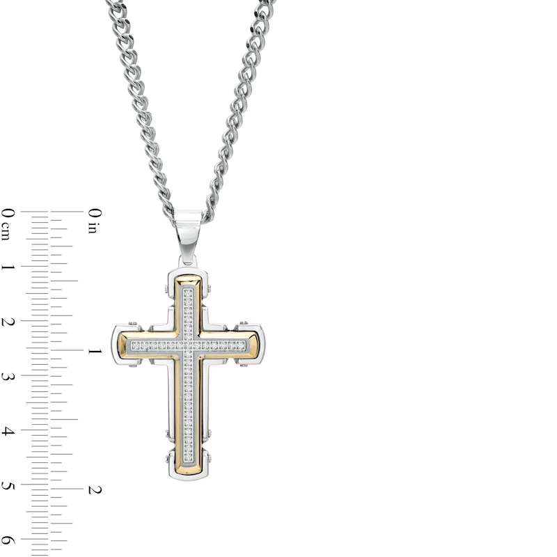 Main Image 3 of Men's 1/4 CT. T.W. Diamond Gothic Cross Pendant in Stainless Steel with Yellow Ion Plate – 24"