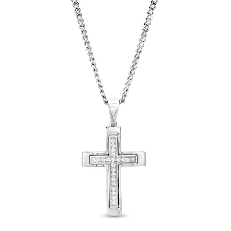 Main Image 1 of Men's 1 CT. T.W. Diamond Cross Pendant in Stainless Steel – 24"
