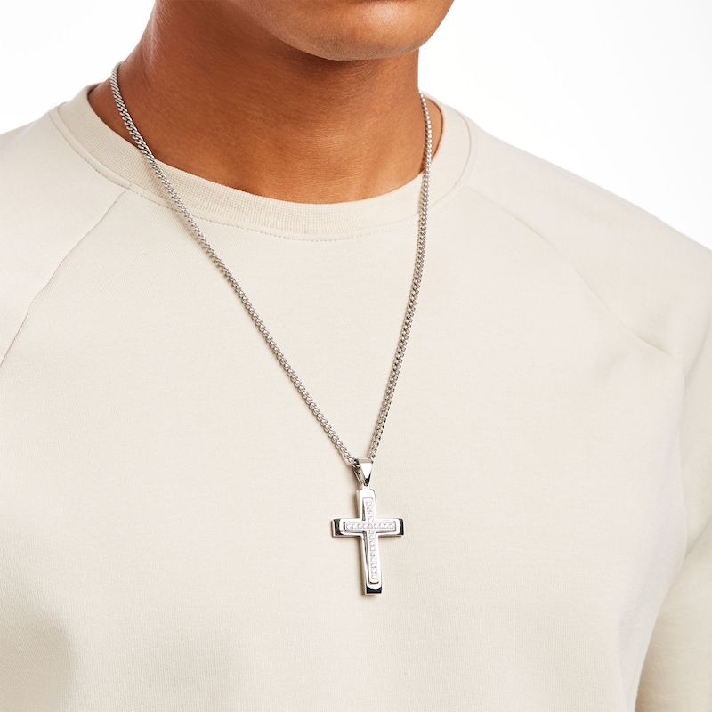 Main Image 2 of Men's 1 CT. T.W. Diamond Cross Pendant in Stainless Steel – 24"