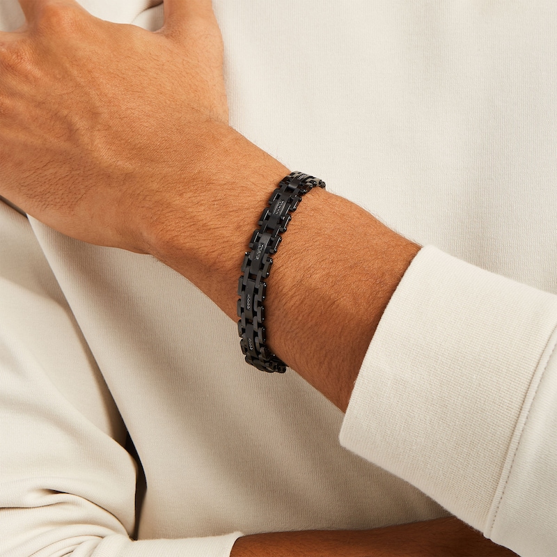 Main Image 2 of Men's 1/6 CT. T.W. Black Diamond Link Bracelet in Stainless Steel with Black Ion Plate – 8.62"