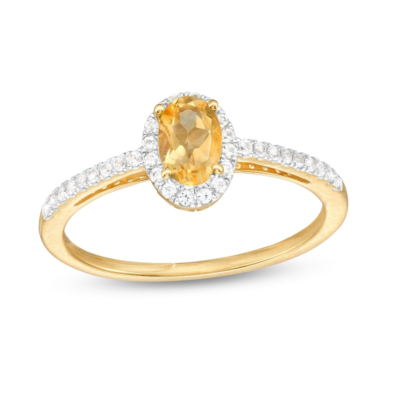 Main Image 1 of Oval Orange Citrine and White Lab-Created Sapphire Frame Ring in 10K Gold