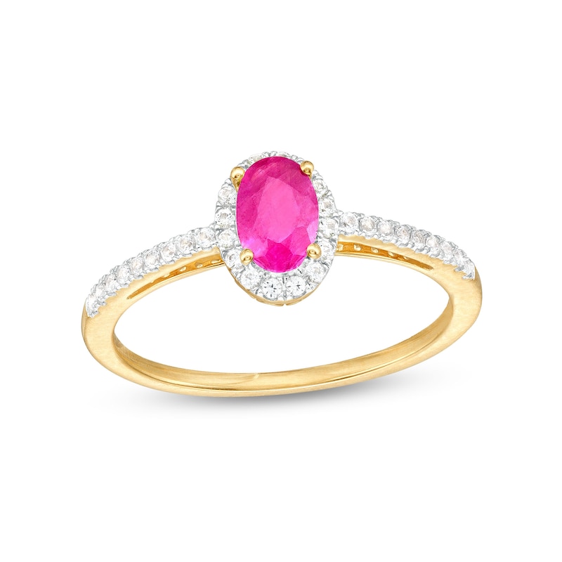 Main Image 1 of Oval Ruby and White Lab-Created Sapphire Frame Ring in 10K Gold