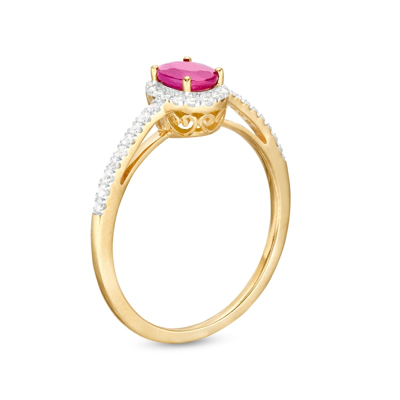 Main Image 3 of Oval Ruby and White Lab-Created Sapphire Frame Ring in 10K Gold