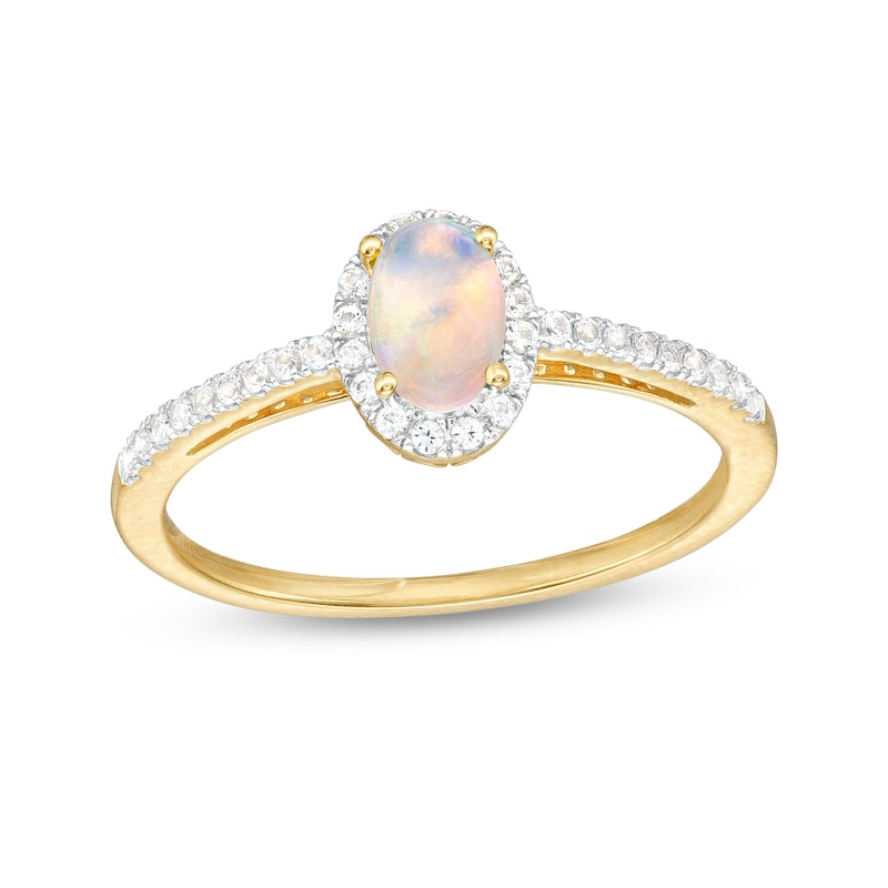 Main Image 1 of Oval Opal and White Lab-Created Sapphire Frame Ring in 10K Gold