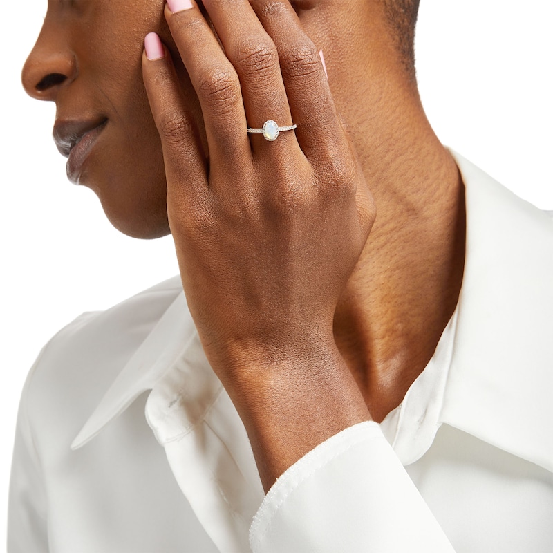 Main Image 2 of Oval Opal and White Lab-Created Sapphire Frame Ring in 10K Gold