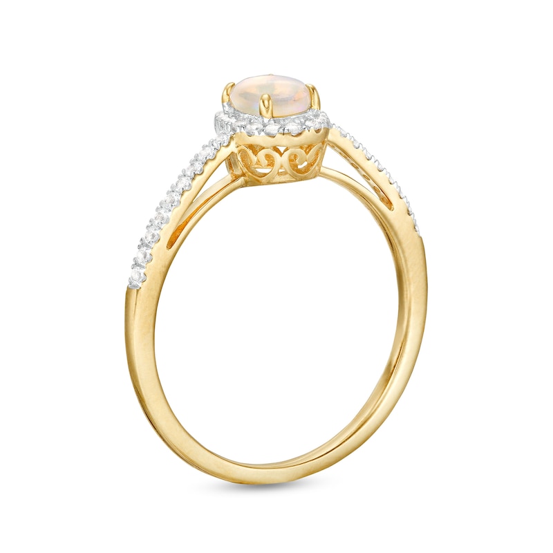 Main Image 3 of Oval Opal and White Lab-Created Sapphire Frame Ring in 10K Gold