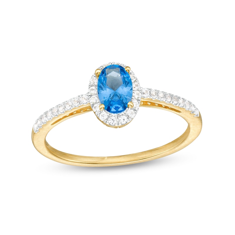 Main Image 1 of Oval Swiss Blue Topaz and White Lab-Created Sapphire Frame Ring in 10K Gold