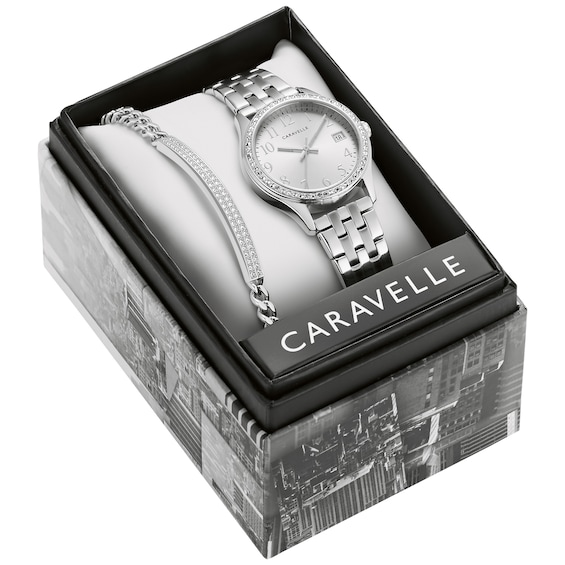 Ladies' Caravelle by Bulova Crystal Accent Watch with Silver-Tone Dial and Bracelet Box Set (Model:Â 43X104)
