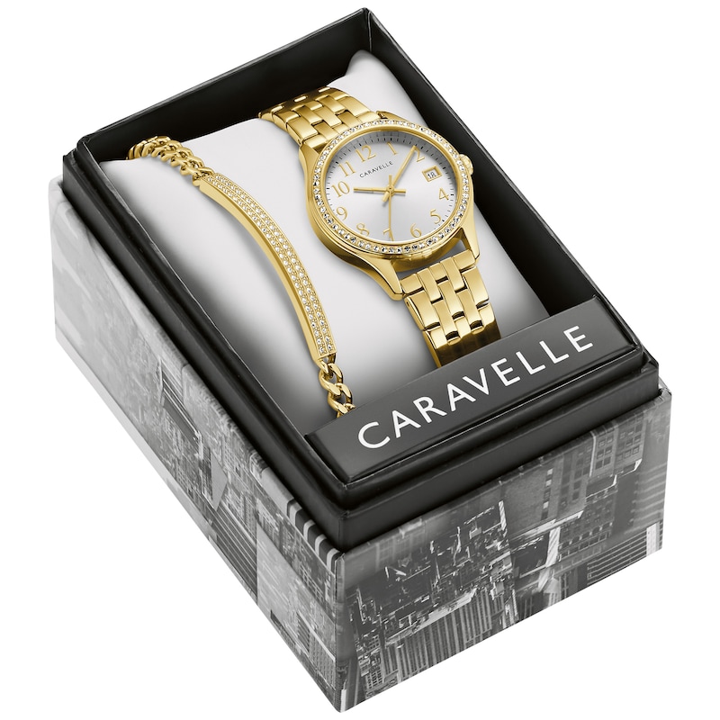 Main Image 1 of Ladies' Caravelle by Bulova Crystal Accent Gold-Tone Watch and Bracelet Box Set (Model: 44X101)