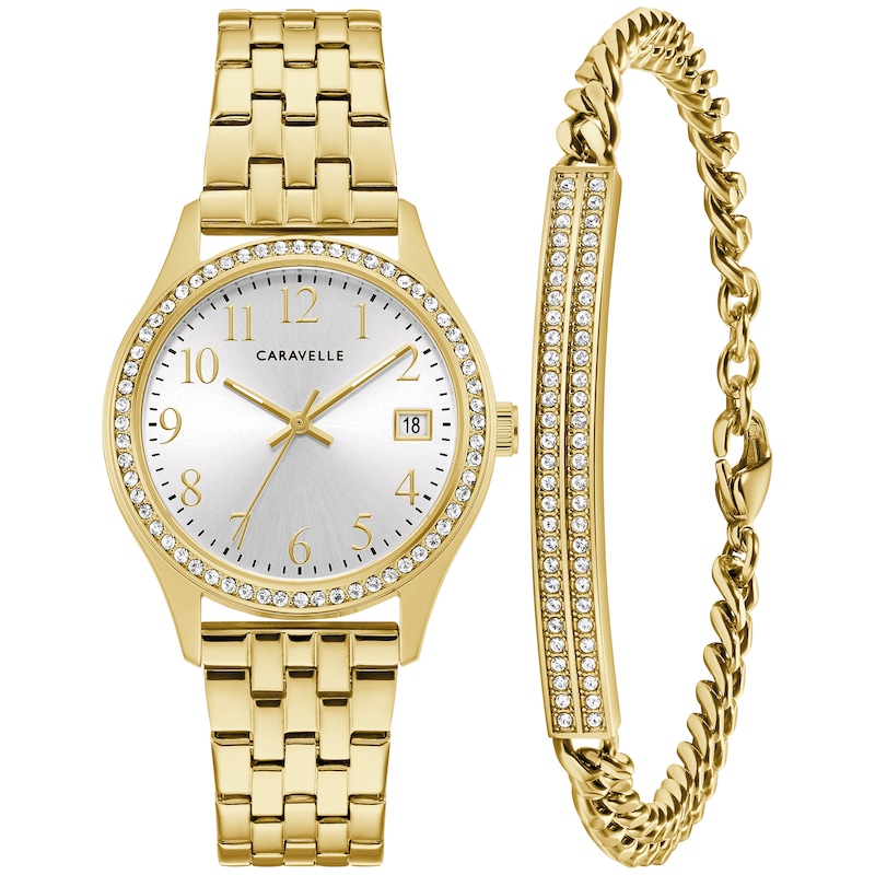 Main Image 2 of Ladies' Caravelle by Bulova Crystal Accent Gold-Tone Watch and Bracelet Box Set (Model: 44X101)