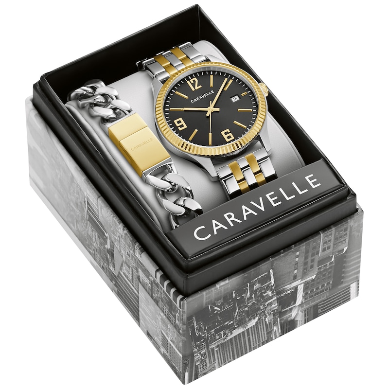 Main Image 1 of Men's Caravelle by Bulova Two-Tone Watch with Black Dial and Bracelet Box Set (Model: 45K000)