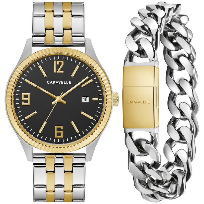 Main Image 2 of Men's Caravelle by Bulova Two-Tone Watch with Black Dial and Bracelet Box Set (Model: 45K000)