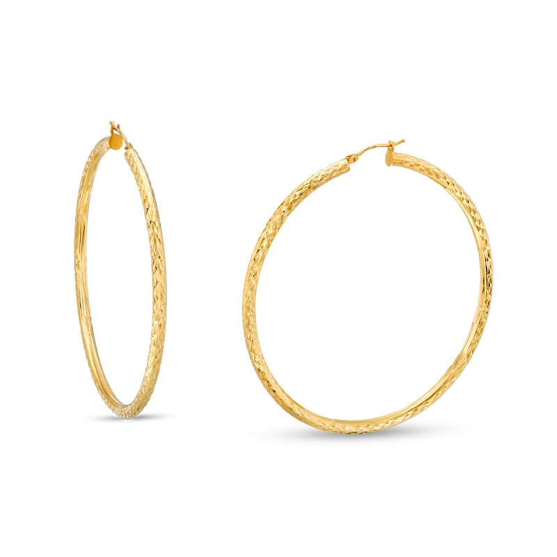 Main Image 1 of Oro Diamante™ 55.0mm Diamond-Cut Tube Hoop Earrings in 14K Gold
