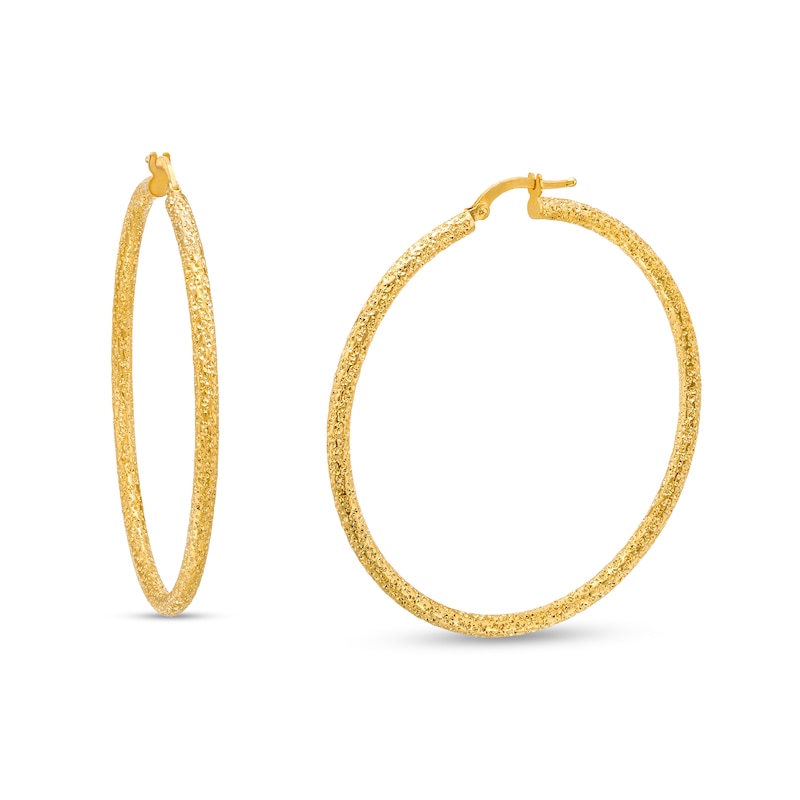 Main Image 1 of Oro Diamante™ 45.0mm Diamond-Cut Glitter Tube Hoop Earrings in 14K Gold