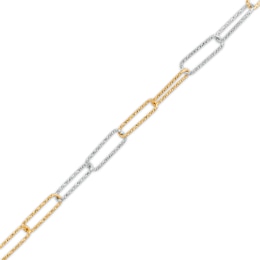 Oro Diamante™ 2.7mm Alternating Diamond-Cut Paper-Clip Chain Bracelet in Solid 14K Two-Tone Gold – 7.25&quot;