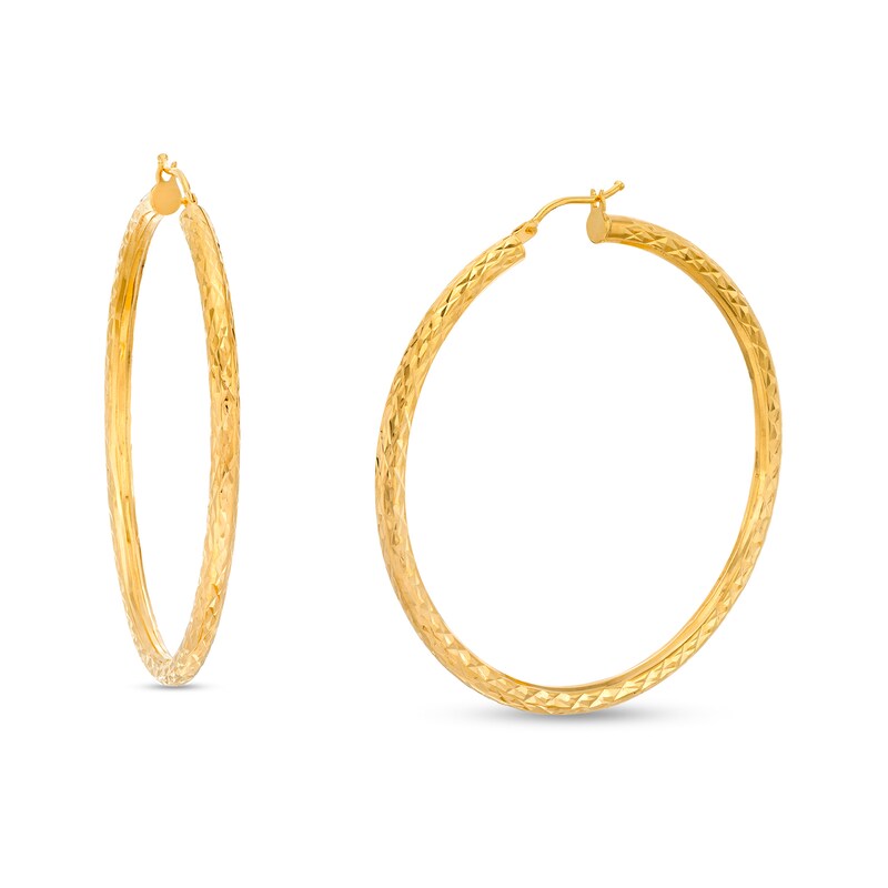 Main Image 1 of Oro Diamante™ 45.0mm Diamond-Cut Tube Hoop Earrings in 14K Gold