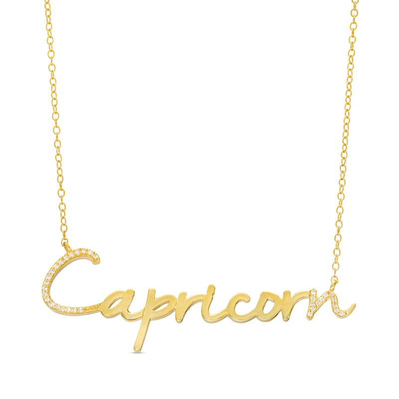 Main Image 1 of 1/10 CT. T.W. Diamond "Capricorn" Script Necklace in Sterling Silver with 14K Gold Plate