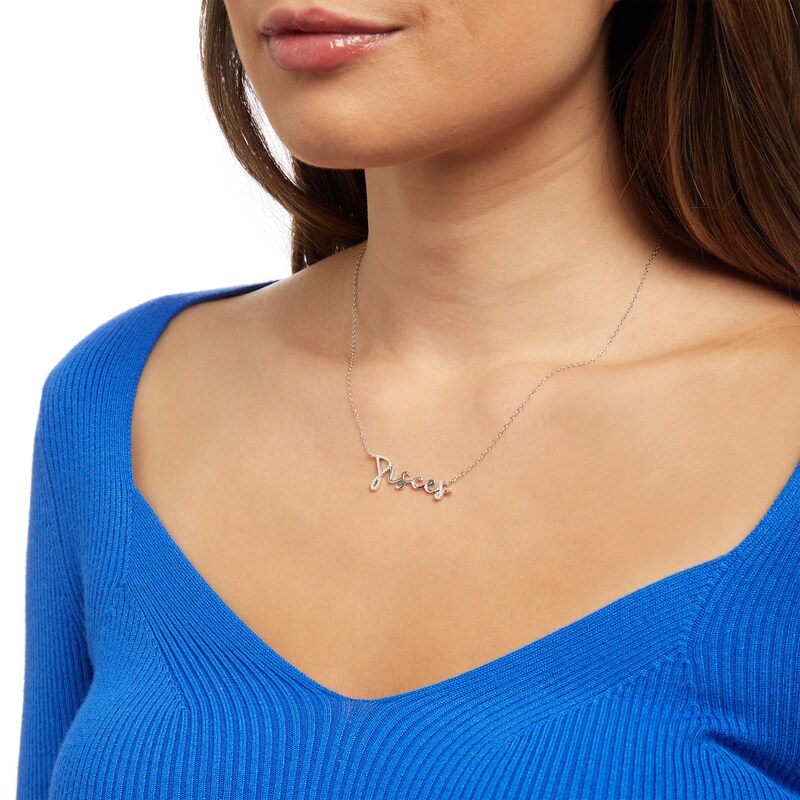 Main Image 2 of 1/8 CT. T.W. Diamond "Pisces" Script Necklace in Sterling Silver