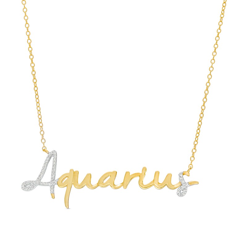 Main Image 1 of 1/6 CT. T.W. Diamond "Aquarius" Script Necklace in Sterling Silver with 14K Gold Plate