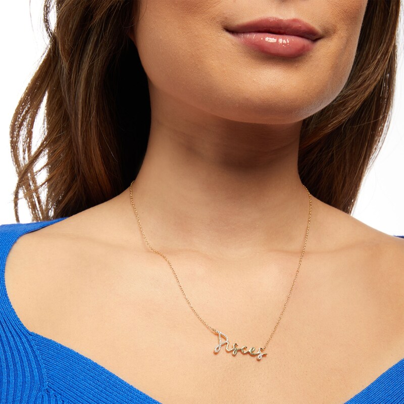 Main Image 2 of 1/8 CT. T.W. Diamond "Pisces" Script Necklace in Sterling Silver with 14K Gold Plate