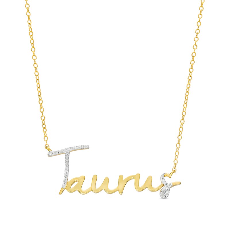 Main Image 1 of 1/8 CT. T.W. Diamond "Taurus" Script Necklace in Sterling Silver with 14K Gold Plate