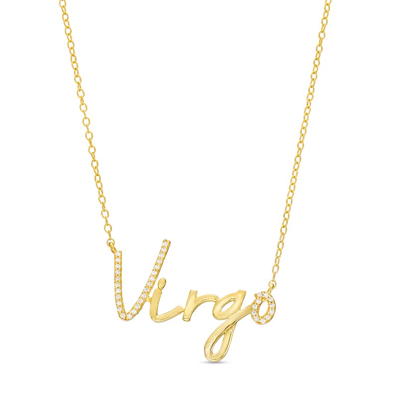 Main Image 1 of 1/6 CT. T.W. Diamond "Virgo" Script Necklace in Sterling Silver with 14K Gold Plate