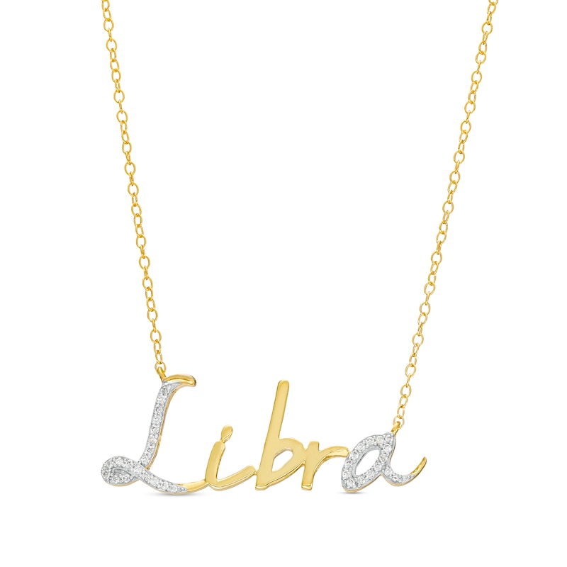 Main Image 1 of 1/6 CT. T.W. Diamond "Libra" Script Necklace in Sterling Silver with 14K Gold Plate