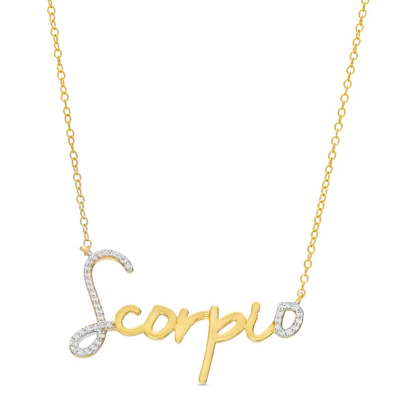 Main Image 1 of 1/6 CT. T.W. Diamond "Scorpio" Script Necklace in Sterling Silver with 14K Gold Plate