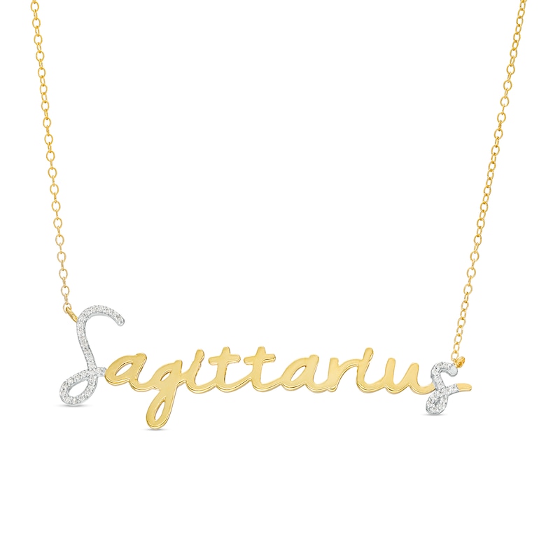 Main Image 1 of 1/6 CT. T.W. Diamond "Sagittarius" Script Necklace in Sterling Silver with 14K Gold Plate
