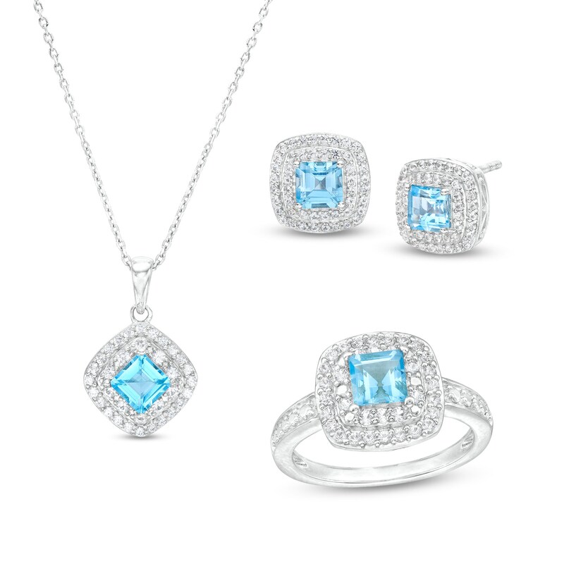 Main Image 1 of Princess-Cut Swiss Blue Topaz and White Lab-Created Sapphire Pendant, Ring and Stud Earrings Set in Sterling Silver