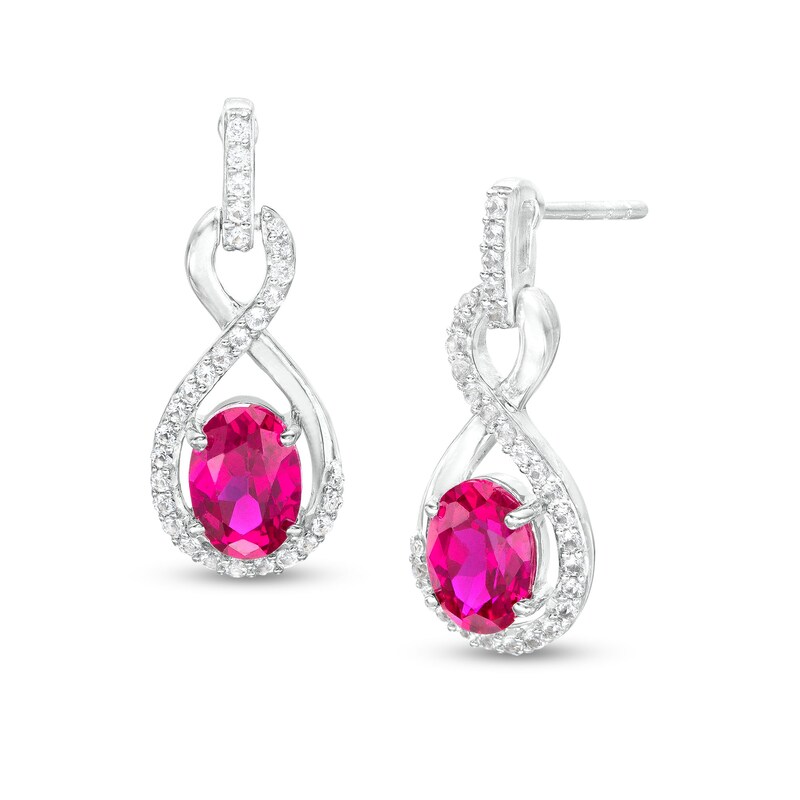Main Image 1 of Oval Lab-Created Ruby and White Lab-Created Sapphire Infinity Loop Drop Earrings in Sterling Silver