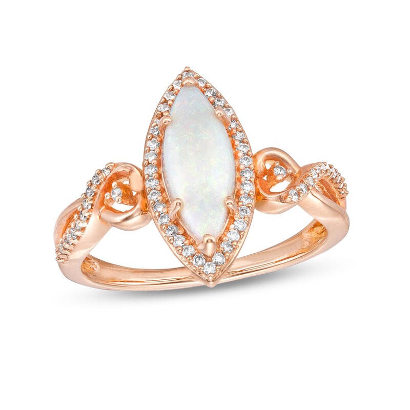 Main Image 1 of Marquise Opal and 1/6 CT. T.W. Diamond Frame Twist Shank Ring in 10K Rose Gold