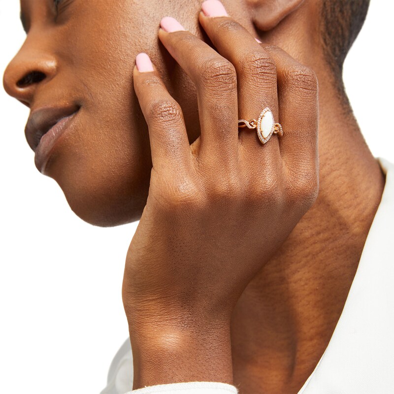 Main Image 2 of Marquise Opal and 1/6 CT. T.W. Diamond Frame Twist Shank Ring in 10K Rose Gold