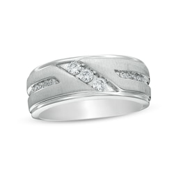 Men's 1/3 CT. T.W. Diamond Three Stone Slant Wedding Band in 10K White Gold