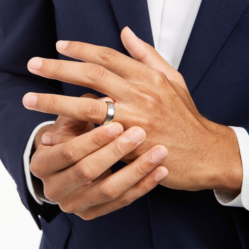 Main Image 2 of Men's 6.0mm Brushed Stepped Edge Wedding Band in 14K White Gold - Size 10