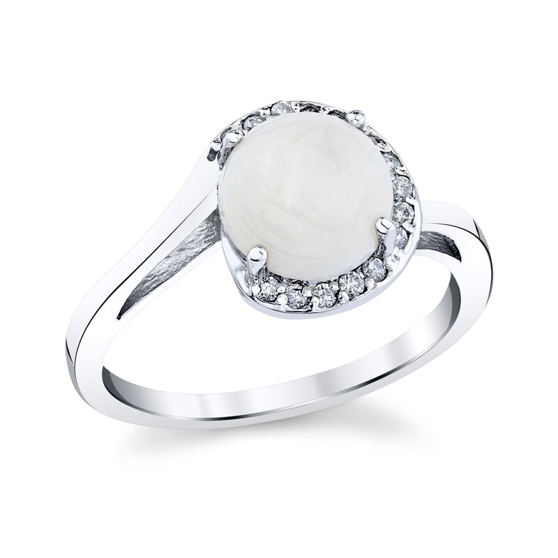 8.0mm Opal and 1/10 CT. T.W. Diamond Swirl Frame Ring in 14K White Gold