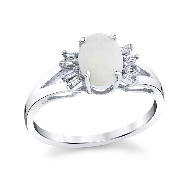 Main Image 1 of Oval Opal and 1/8 CT. T.W. Baguette Diamond Ring in 14K White Gold