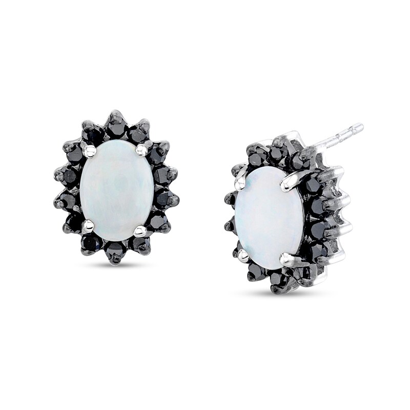 Main Image 1 of Oval Opal and 3/8 CT. T.W. Black Diamond Starburst Frame Stud Earrings in 14K White Gold