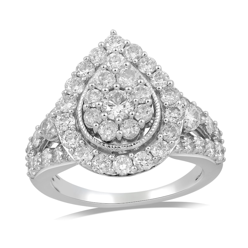 Main Image 1 of 2-1/2 CT. T.W. Pear-Shaped Multi-Diamond Frame Split Shank Engagement Ring in 10K White Gold