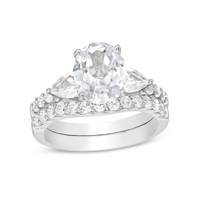 Main Image 1 of Oval White Lab-Created Sapphire Leaf-Sides Bridal Set in Sterling Silver