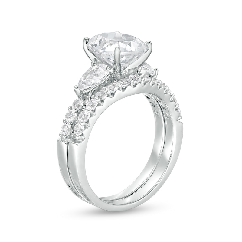 Main Image 3 of Oval White Lab-Created Sapphire Leaf-Sides Bridal Set in Sterling Silver