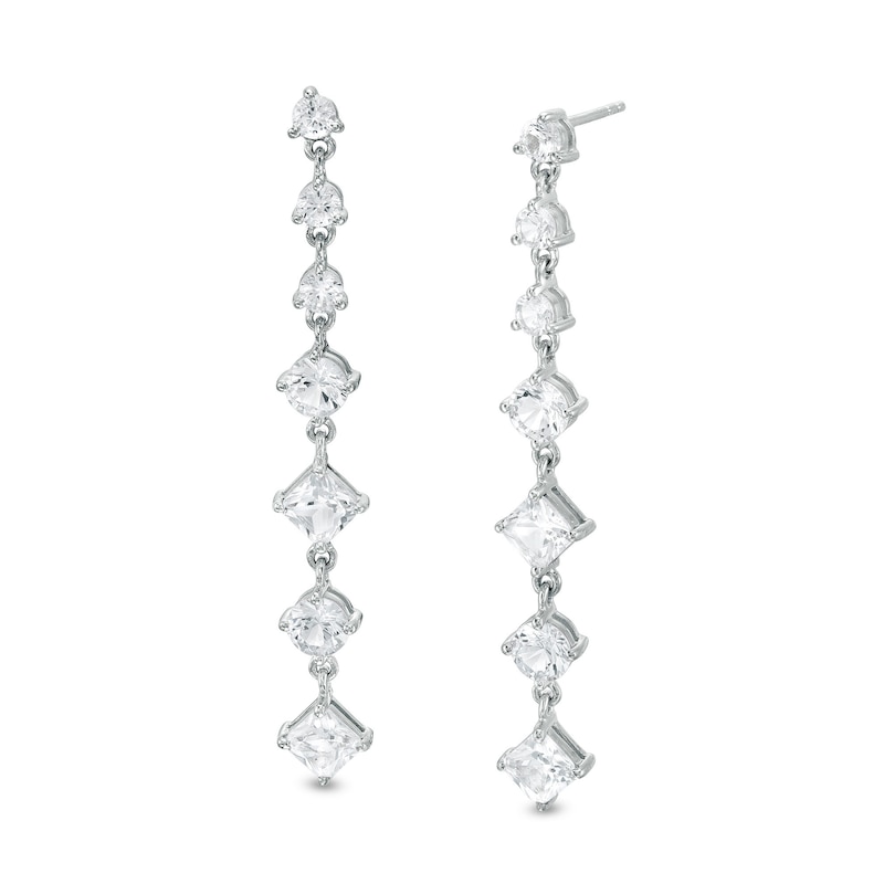 Main Image 1 of Princess-Cut and Round White Lab-Created Sapphire Alternating Drop Earrings in Sterling Silver