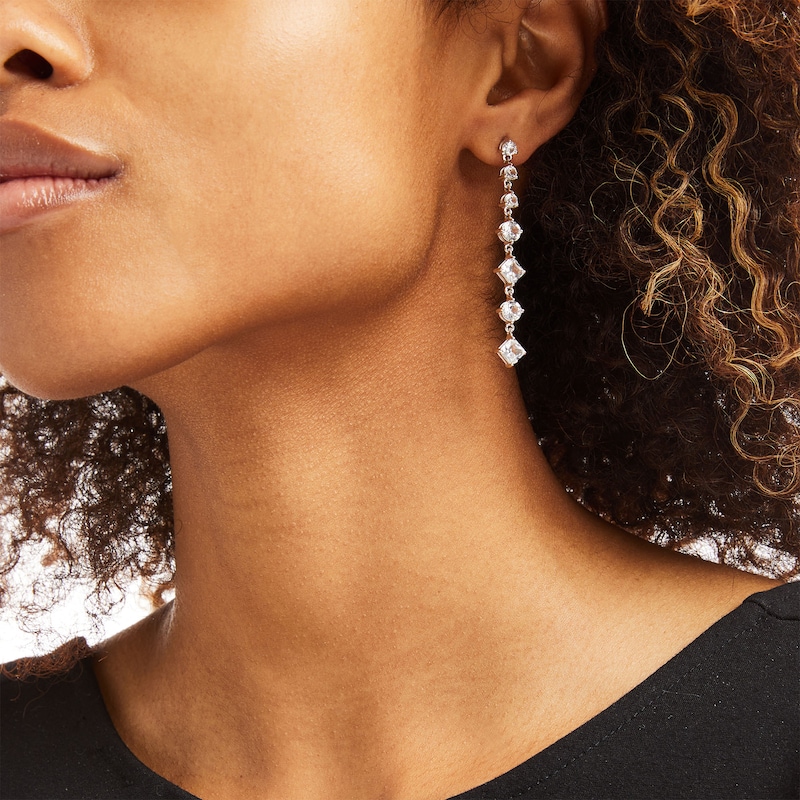 Main Image 2 of Princess-Cut and Round White Lab-Created Sapphire Alternating Drop Earrings in Sterling Silver