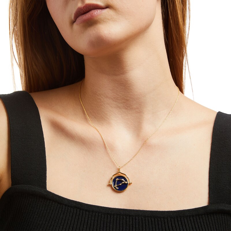 Main Image 2 of White Lab-Created Sapphire Capricorn Blue Enamel Flip Disc Pendant in Sterling Silver with 18K Gold Plate