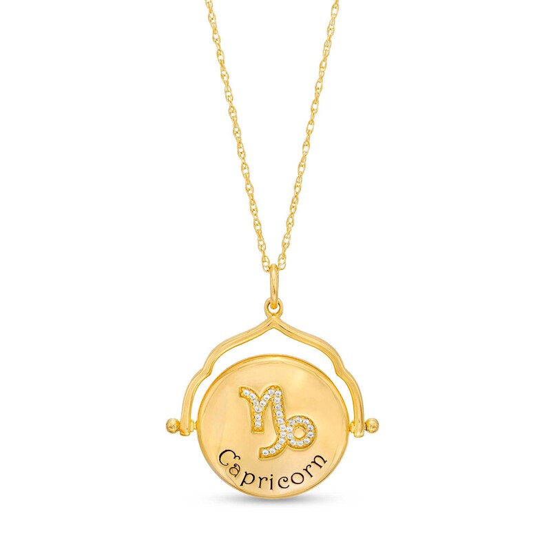 Main Image 3 of White Lab-Created Sapphire Capricorn Blue Enamel Flip Disc Pendant in Sterling Silver with 18K Gold Plate