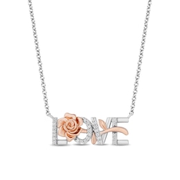 Enchanted Disney Belle 1/10 CT. T.W. Diamond &quot;LOVE&quot; Rose Necklace in Sterling Silver and 10K Rose Gold